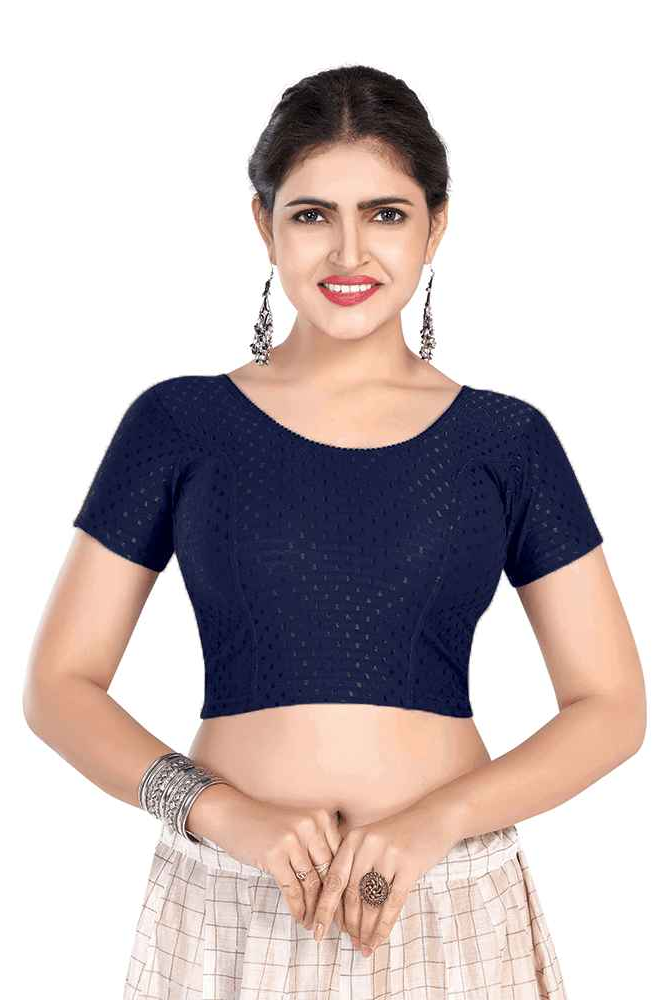 FINESTFIT BUY 1 GET 1 FREE Round Neck Dobby Fabric Stretchable Cap Sleeve Readymade Saree Blouse for Women-1195