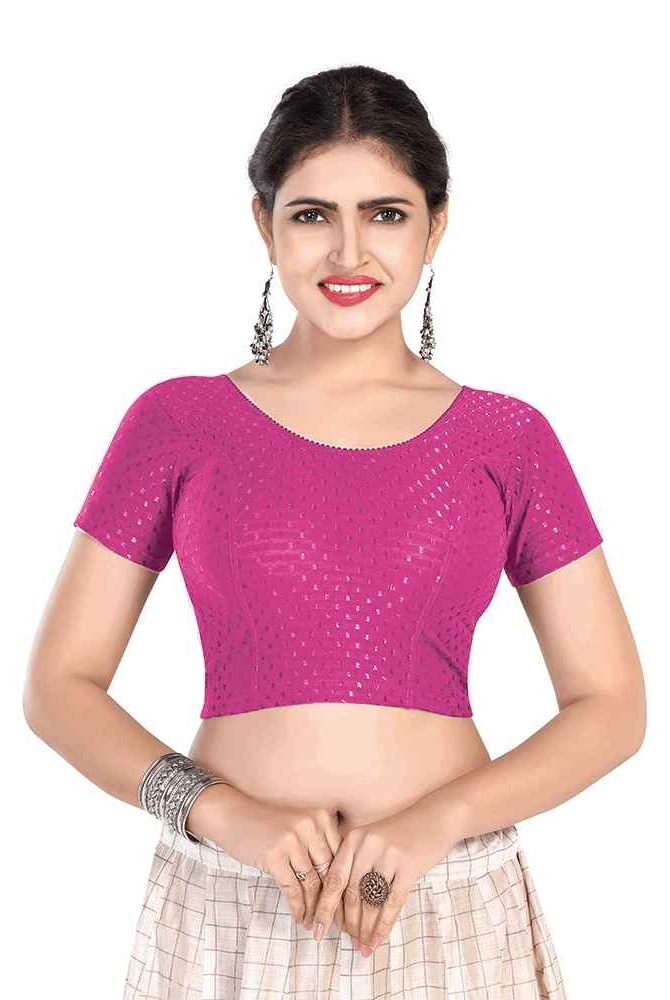 FINESTFIT BUY 1 GET 1 FREE Round Neck Dobby Fabric Stretchable Cap Sleeve Readymade Saree Blouse for Women-1195