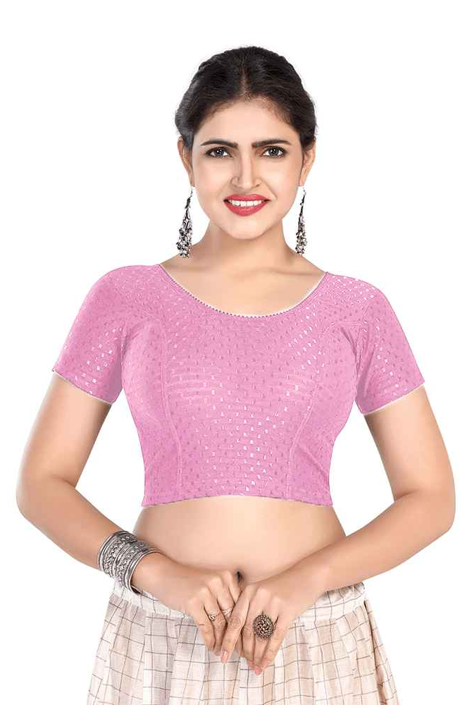 FINESTFIT BUY 1 GET 1 FREE Round Neck Dobby Fabric Stretchable Cap Sleeve Readymade Saree Blouse for Women-1195