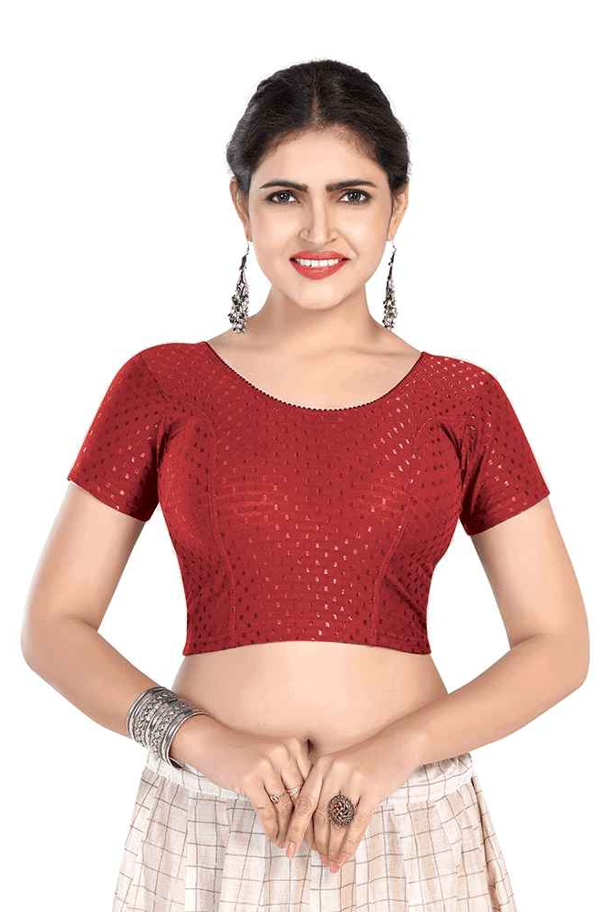 FINESTFIT BUY 1 GET 1 FREE Round Neck Dobby Fabric Stretchable Cap Sleeve Readymade Saree Blouse for Women-1195