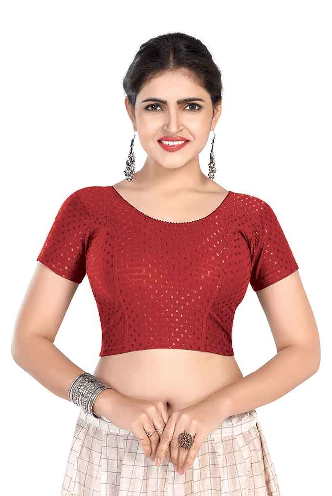 FINESTFIT BUY 1 GET 1 FREE Round Neck Dobby Fabric Stretchable Cap Sleeve Readymade Saree Blouse for Women-1195