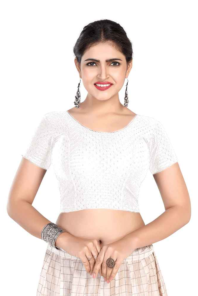 FINESTFIT BUY 1 GET 1 FREE Round Neck Dobby Fabric Stretchable Cap Sleeve Readymade Saree Blouse for Women-1195