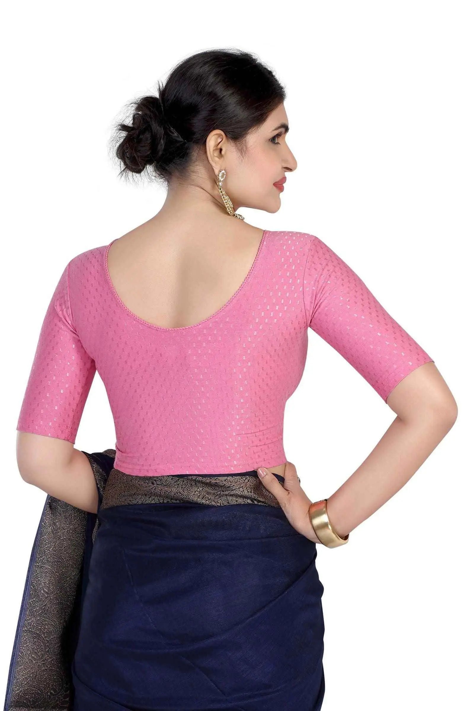 FINESTFIT Round Neck Dobby Fabric Stretchable Elbow Sleeve Readymade Saree Blouse for Women-1196