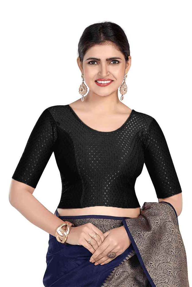 FINESTFIT Round Neck Dobby Fabric Stretchable Elbow Sleeve Readymade Saree Blouse for Women-1196