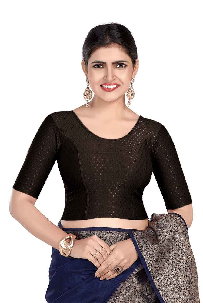 FINESTFIT Round Neck Dobby Fabric Stretchable Elbow Sleeve Readymade Saree Blouse for Women-1196