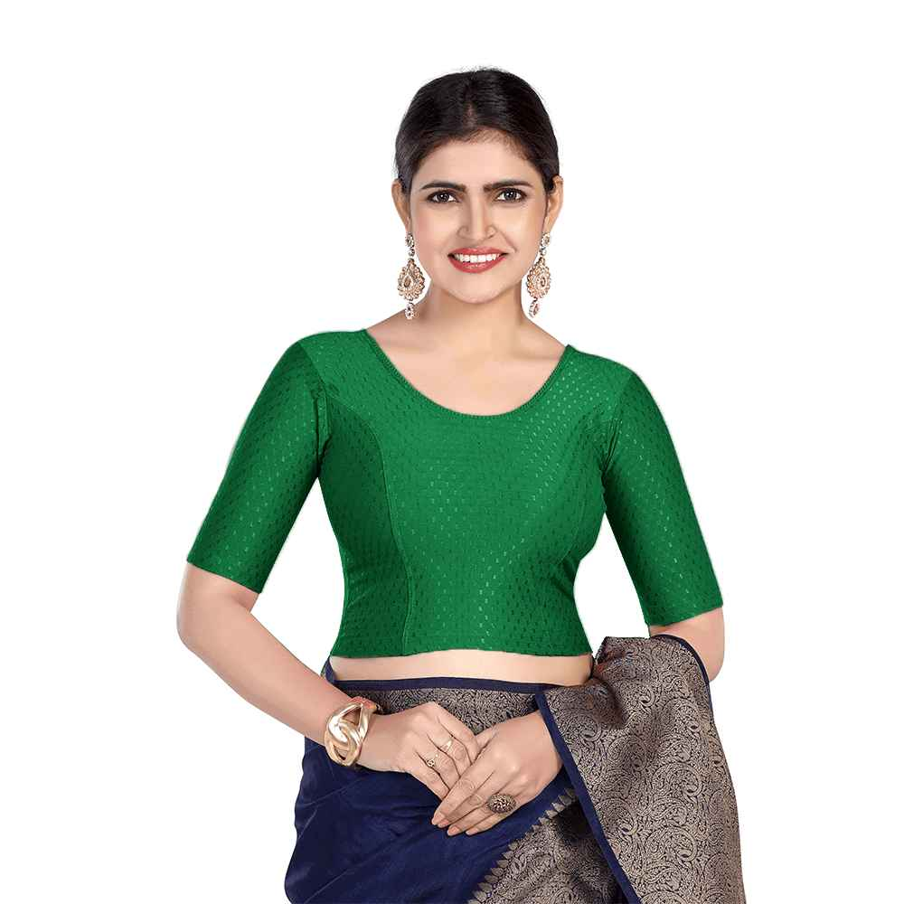 FINESTFIT Round Neck Dobby Fabric Stretchable Elbow Sleeve Readymade Saree Blouse for Women-1196