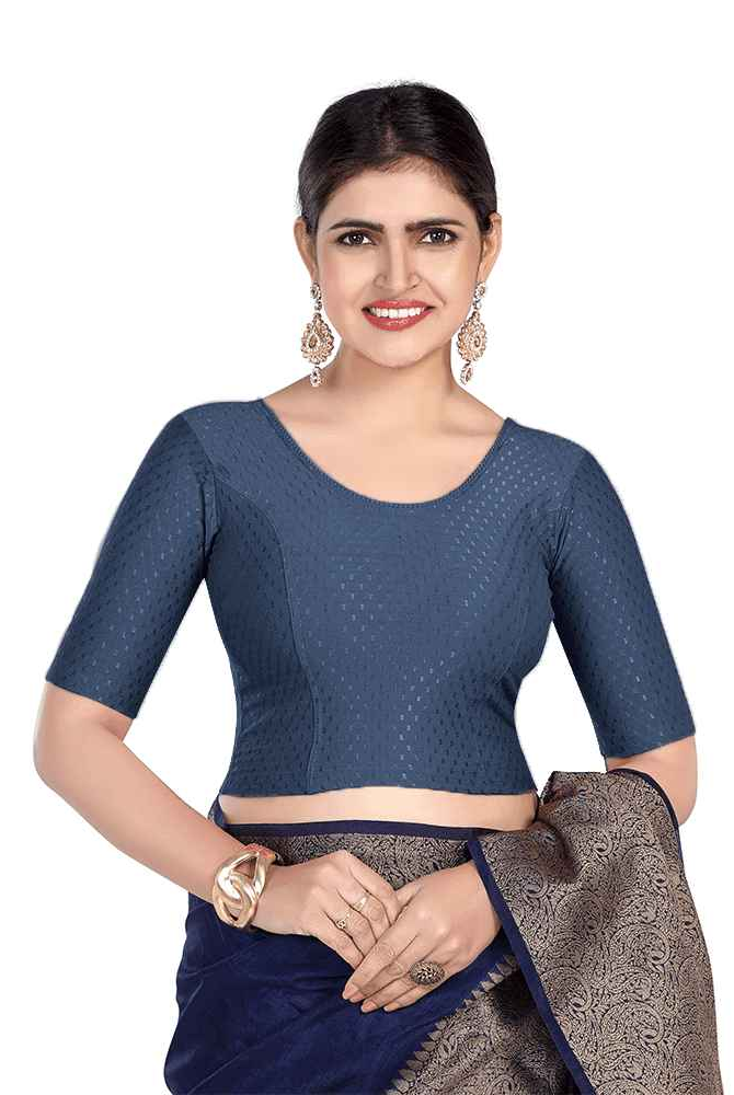 FINESTFIT Round Neck Dobby Fabric Stretchable Elbow Sleeve Readymade Saree Blouse for Women-1196