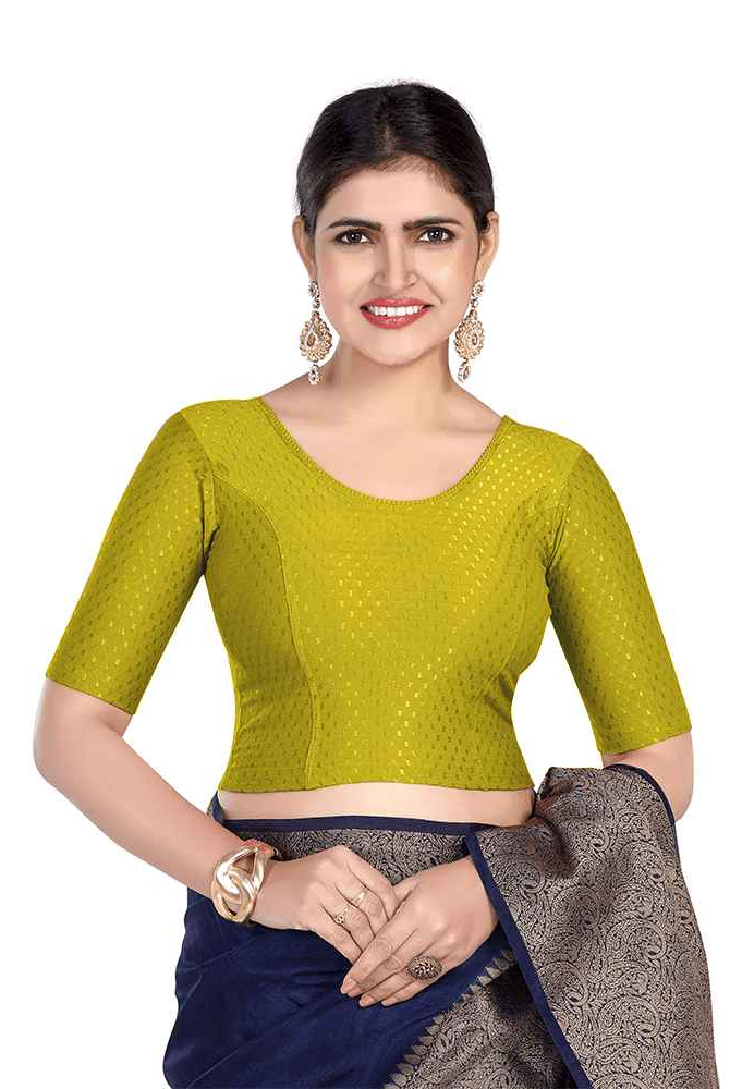 FINESTFIT Round Neck Dobby Fabric Stretchable Elbow Sleeve Readymade Saree Blouse for Women-1196