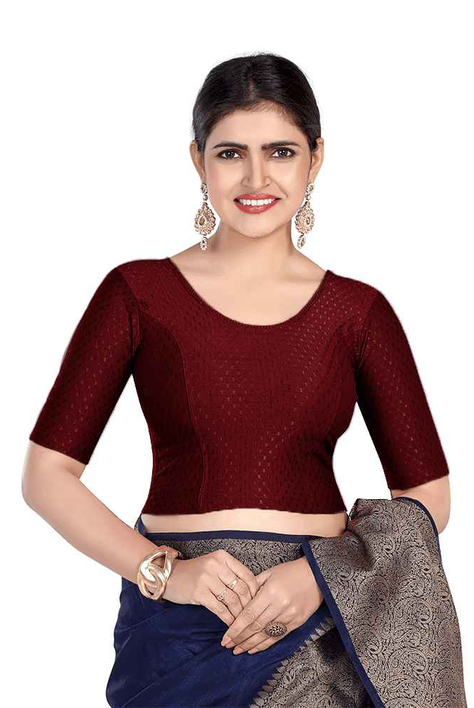 FINESTFIT Round Neck Dobby Fabric Stretchable Elbow Sleeve Readymade Saree Blouse for Women-1196