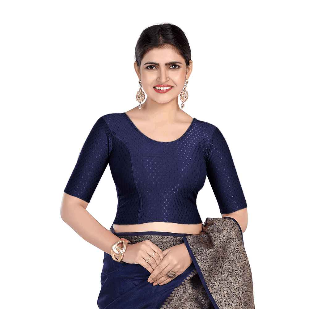 FINESTFIT Round Neck Dobby Fabric Stretchable Elbow Sleeve Readymade Saree Blouse for Women-1196