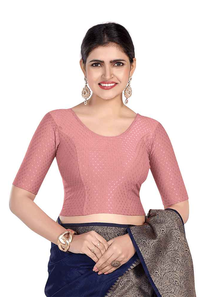 FINESTFIT Round Neck Dobby Fabric Stretchable Elbow Sleeve Readymade Saree Blouse for Women-1196