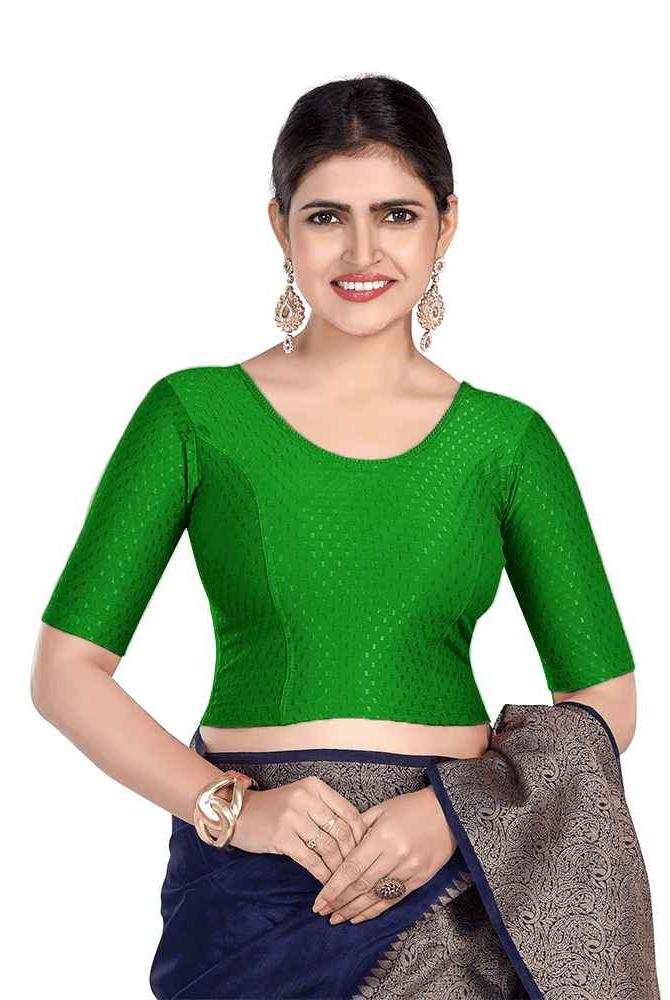 FINESTFIT Round Neck Dobby Fabric Stretchable Elbow Sleeve Readymade Saree Blouse for Women-1196