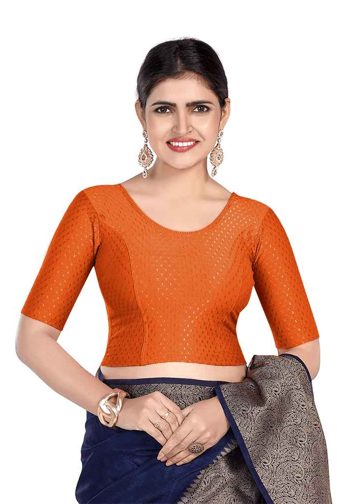 FINESTFIT Round Neck Dobby Fabric Stretchable Elbow Sleeve Readymade Saree Blouse for Women-1196