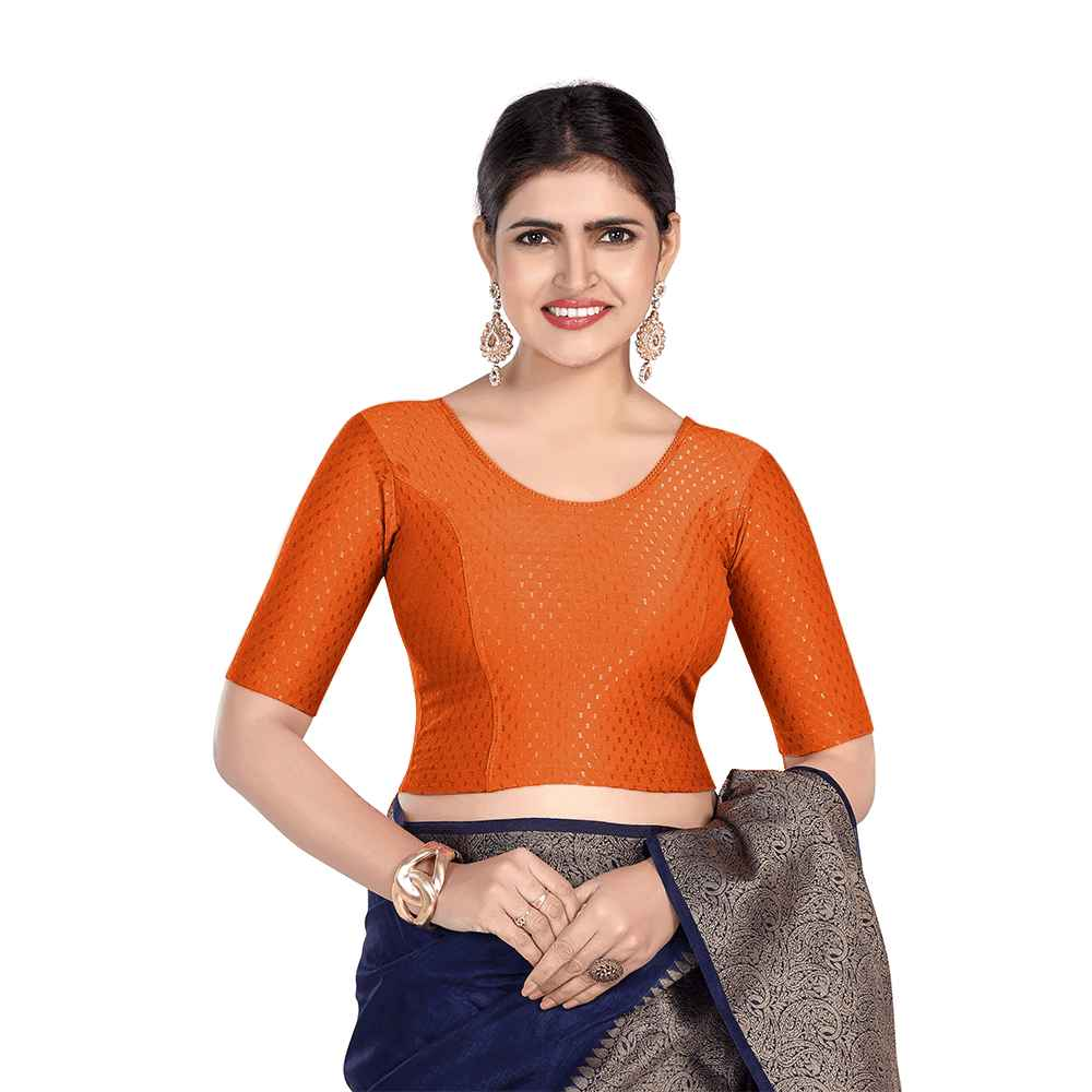 FINESTFIT Round Neck Dobby Fabric Stretchable Elbow Sleeve Readymade Saree Blouse for Women-1196