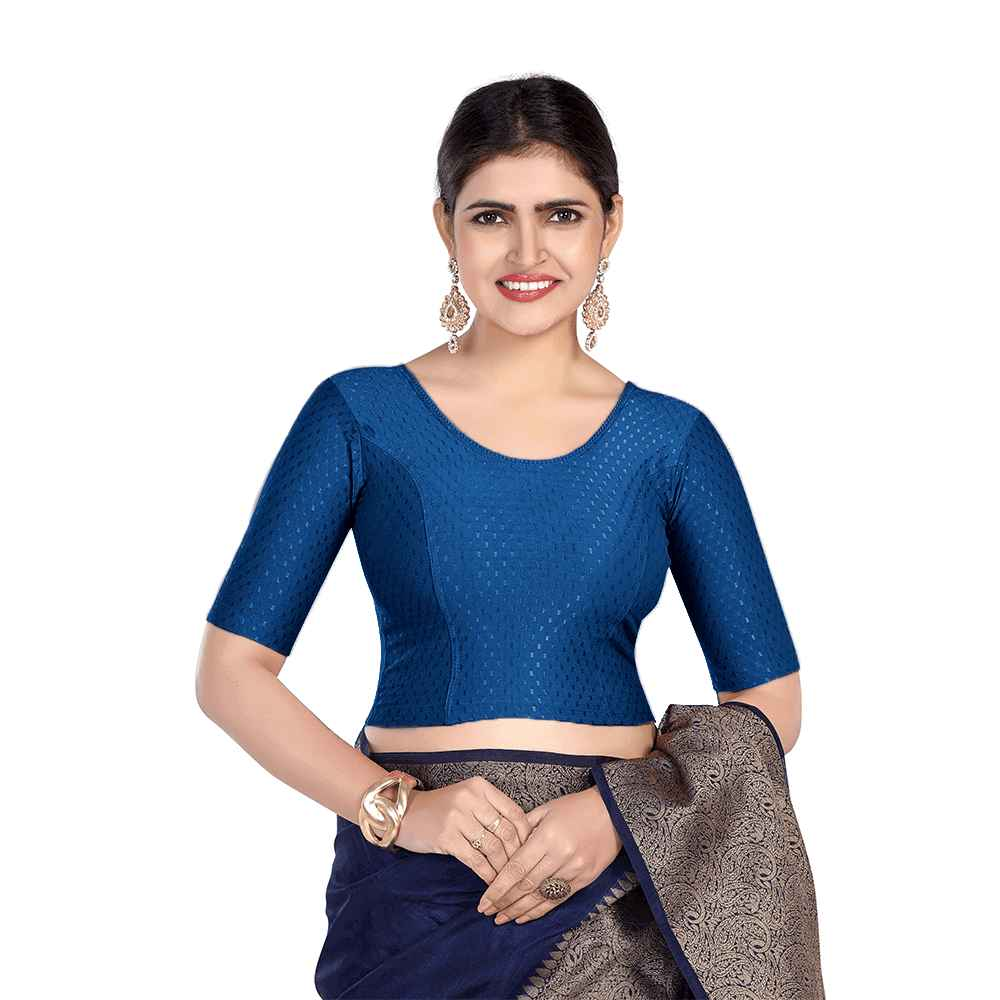 FINESTFIT Round Neck Dobby Fabric Stretchable Elbow Sleeve Readymade Saree Blouse for Women-1196