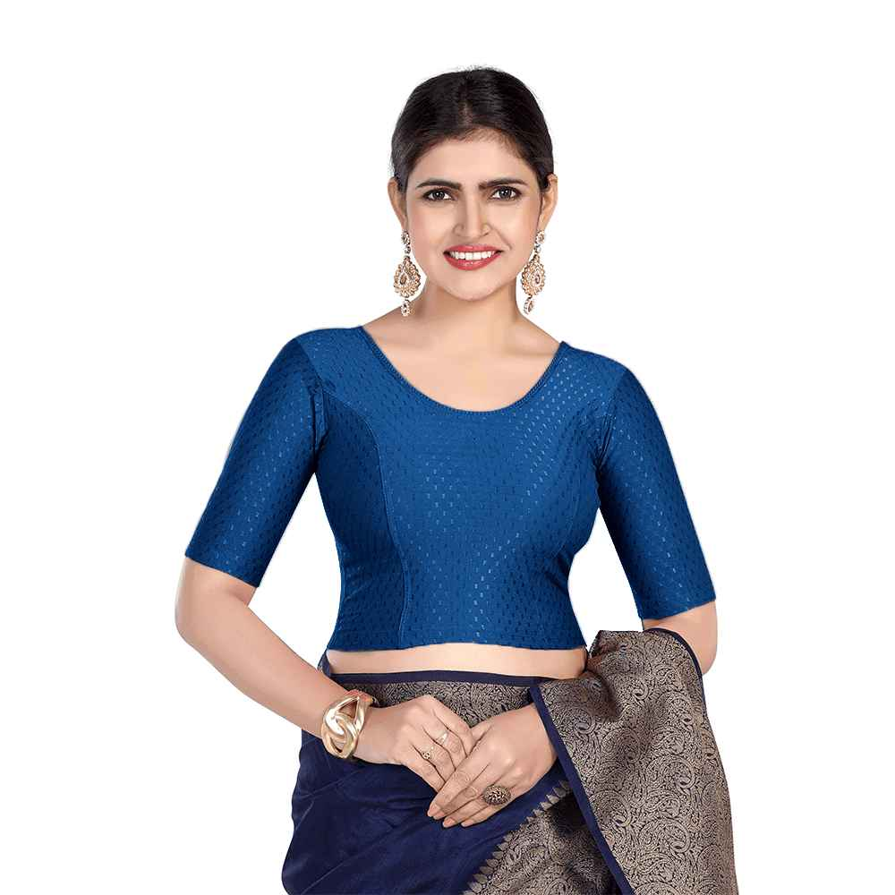 FINESTFIT Round Neck Dobby Fabric Stretchable Elbow Sleeve Readymade Saree Blouse for Women-1196