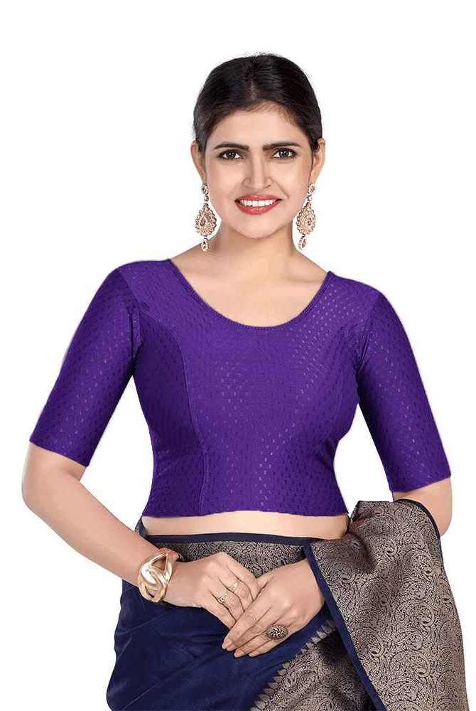 FINESTFIT Round Neck Dobby Fabric Stretchable Elbow Sleeve Readymade Saree Blouse for Women-1196