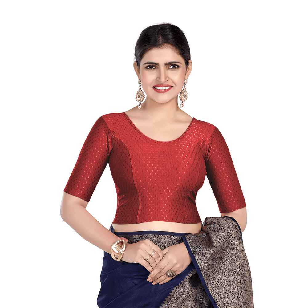 FINESTFIT Round Neck Dobby Fabric Stretchable Elbow Sleeve Readymade Saree Blouse for Women-1196