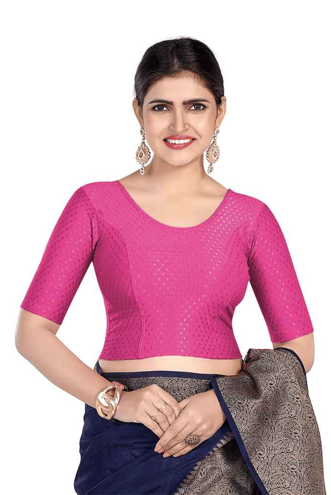 FINESTFIT Round Neck Dobby Fabric Stretchable Elbow Sleeve Readymade Saree Blouse for Women-1196