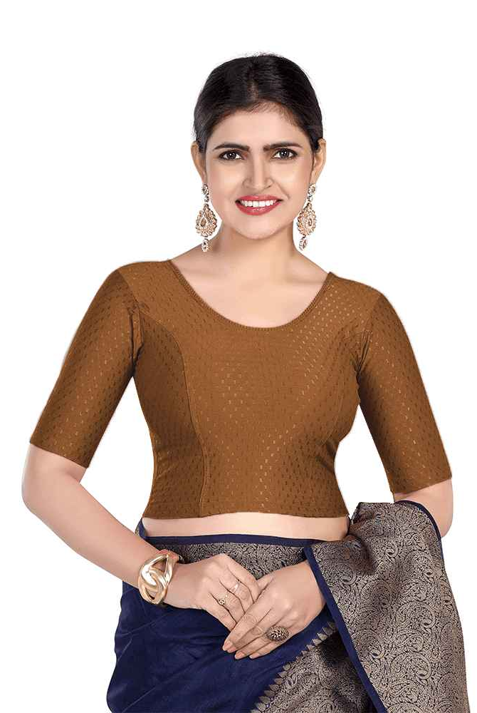 FINESTFIT Round Neck Dobby Fabric Stretchable Elbow Sleeve Readymade Saree Blouse for Women-1196