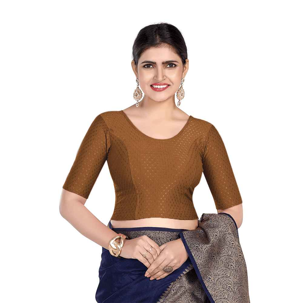 FINESTFIT Round Neck Dobby Fabric Stretchable Elbow Sleeve Readymade Saree Blouse for Women-1196