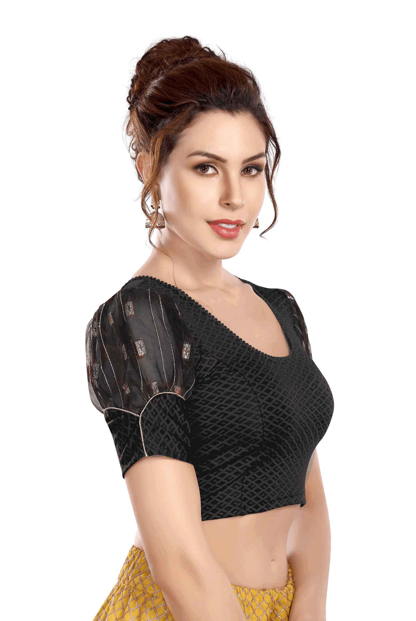 FINESTFIT Organza Balloon Sleeves Blouse for Women - Latest Fashion Readymade with Round Neckline and Fabric Cuff, Style 18152