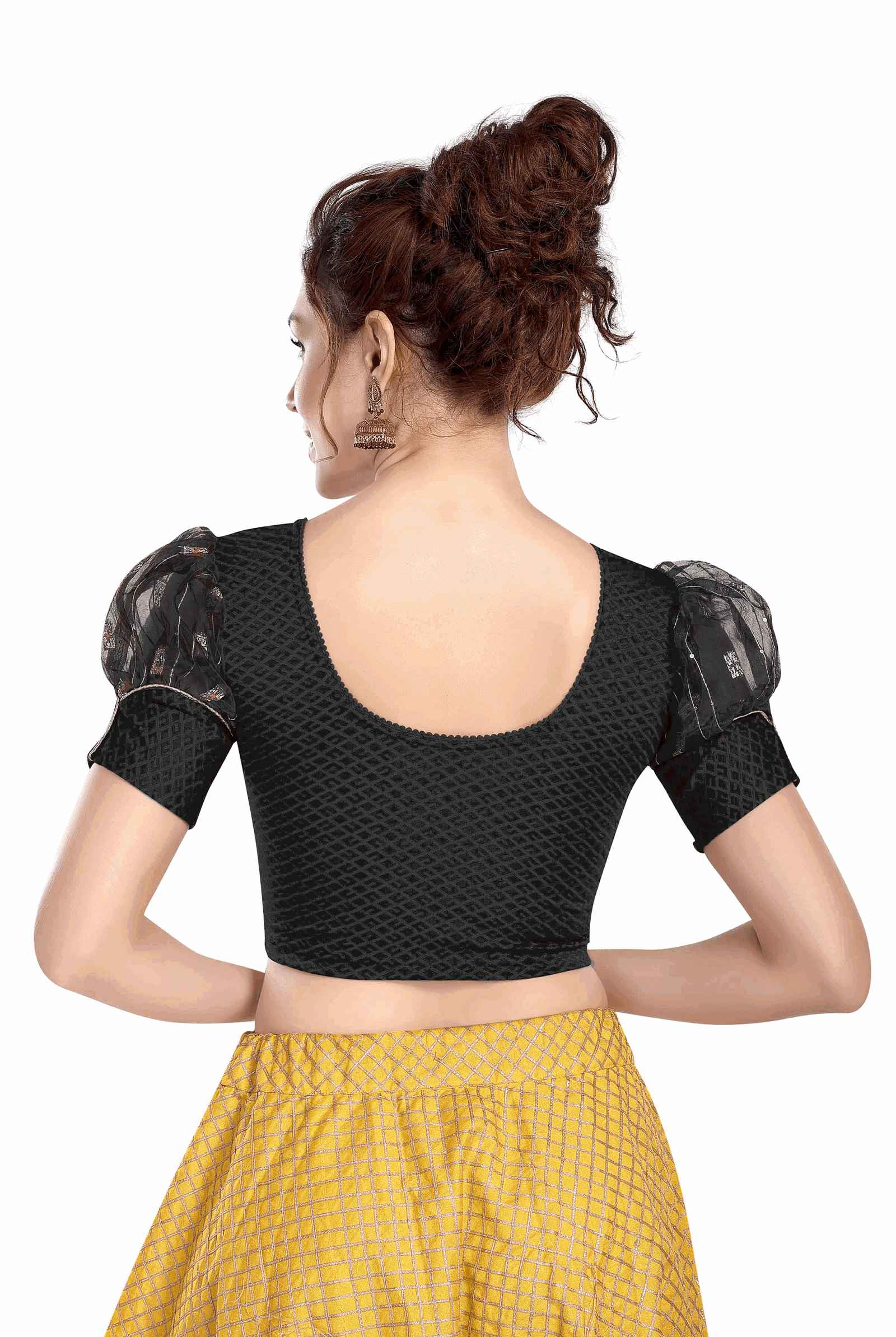 FINESTFIT Organza Balloon Sleeves Blouse for Women - Latest Fashion Readymade with Round Neckline and Fabric Cuff, Style 18152