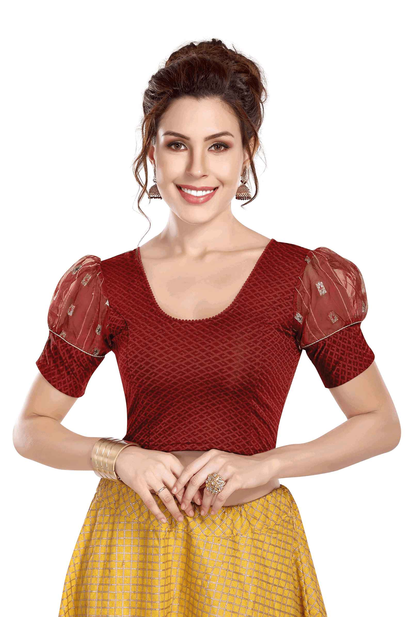 FINESTFIT Organza Balloon Sleeves Blouse for Women - Latest Fashion Readymade with Round Neckline and Fabric Cuff, Style 18152