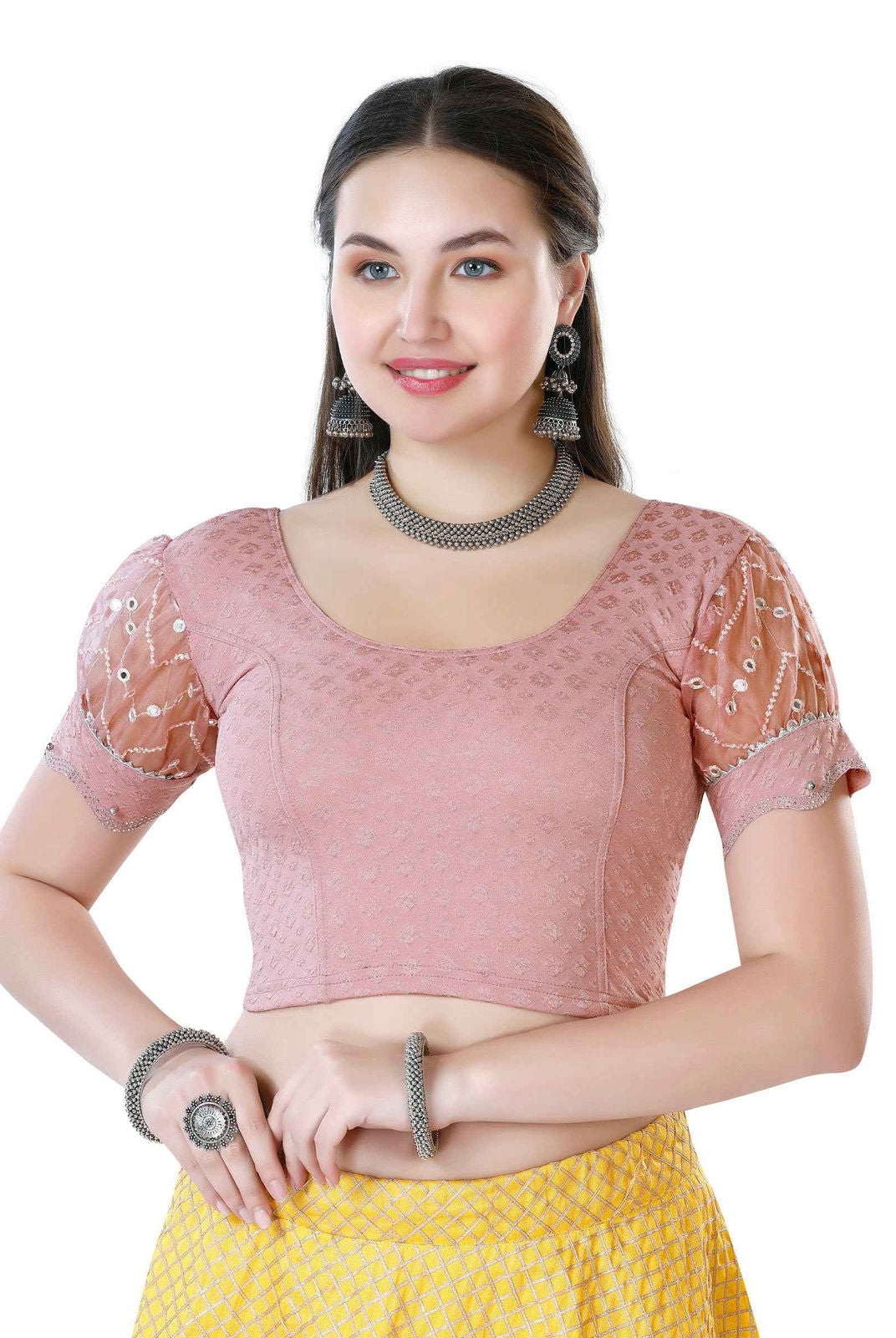 Finestfit Latest Fashion Readymade Blouses for Women - Round Neckline with Abala Organza Balloon Sleeves and Scallop Cut-out Hem Featuring Swarovski and Beads 36006 - FINESTFIT