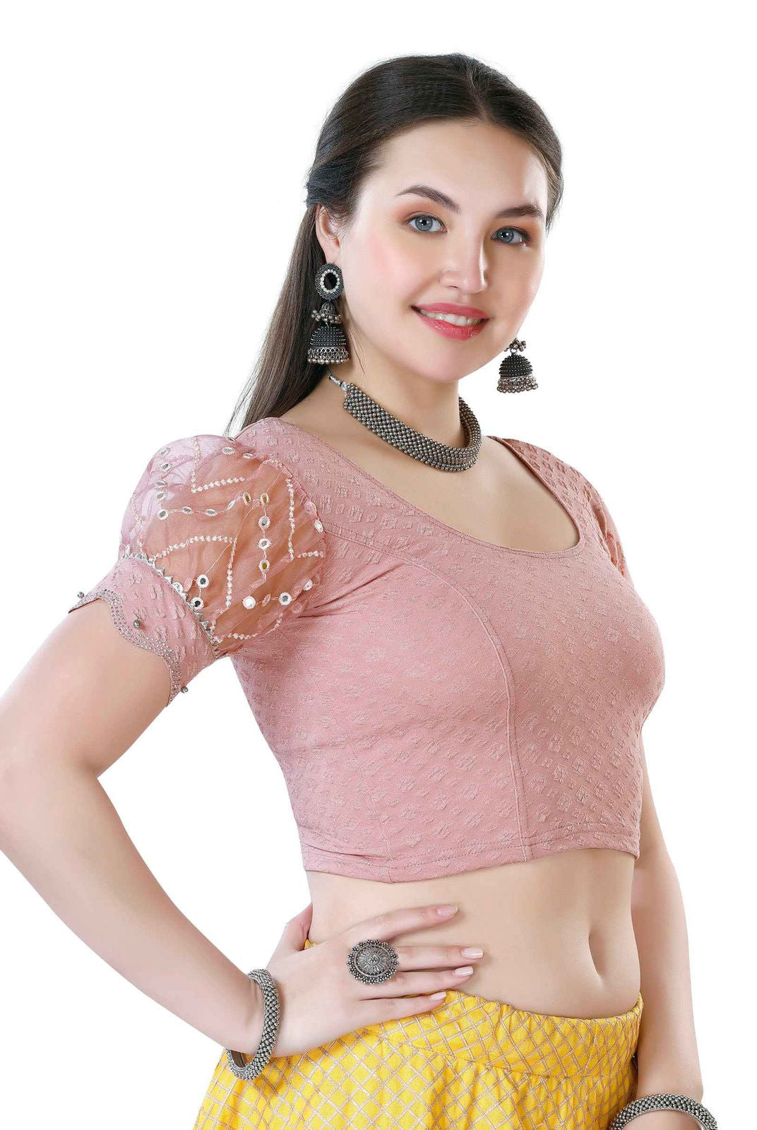 Finestfit Latest Fashion Readymade Blouses for Women - Round Neckline with Abala Organza Balloon Sleeves and Scallop Cut-out Hem Featuring Swarovski and Beads 36006 - FINESTFIT