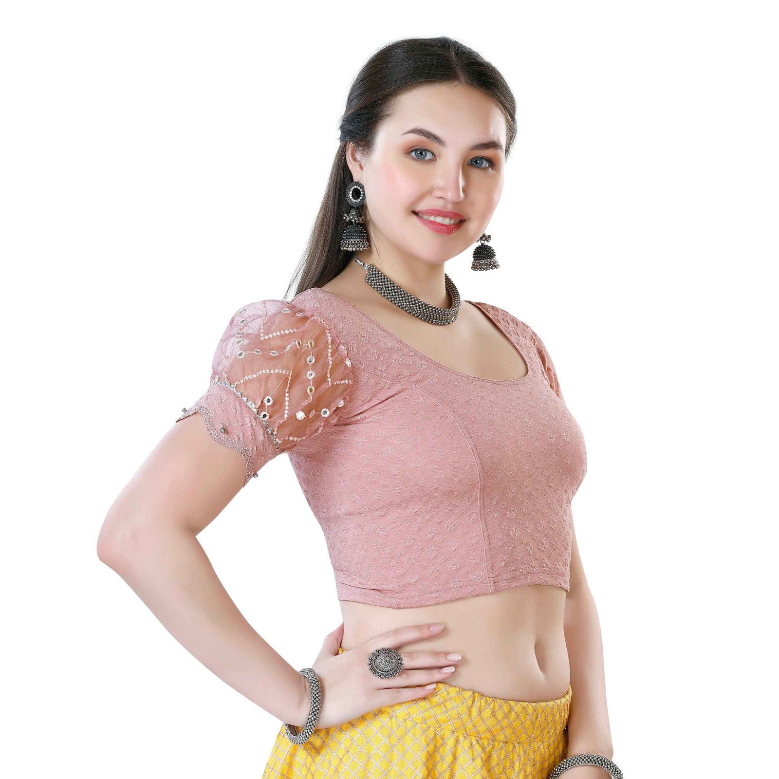 Finestfit Latest Fashion Readymade Blouses for Women - Round Neckline with Abala Organza Balloon Sleeves and Scallop Cut-out Hem Featuring Swarovski and Beads 36006 - FINESTFIT