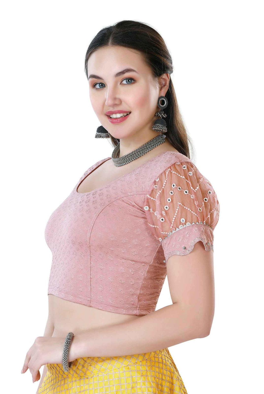 Finestfit Latest Fashion Readymade Blouses for Women - Round Neckline with Abala Organza Balloon Sleeves and Scallop Cut-out Hem Featuring Swarovski and Beads 36006 - FINESTFIT