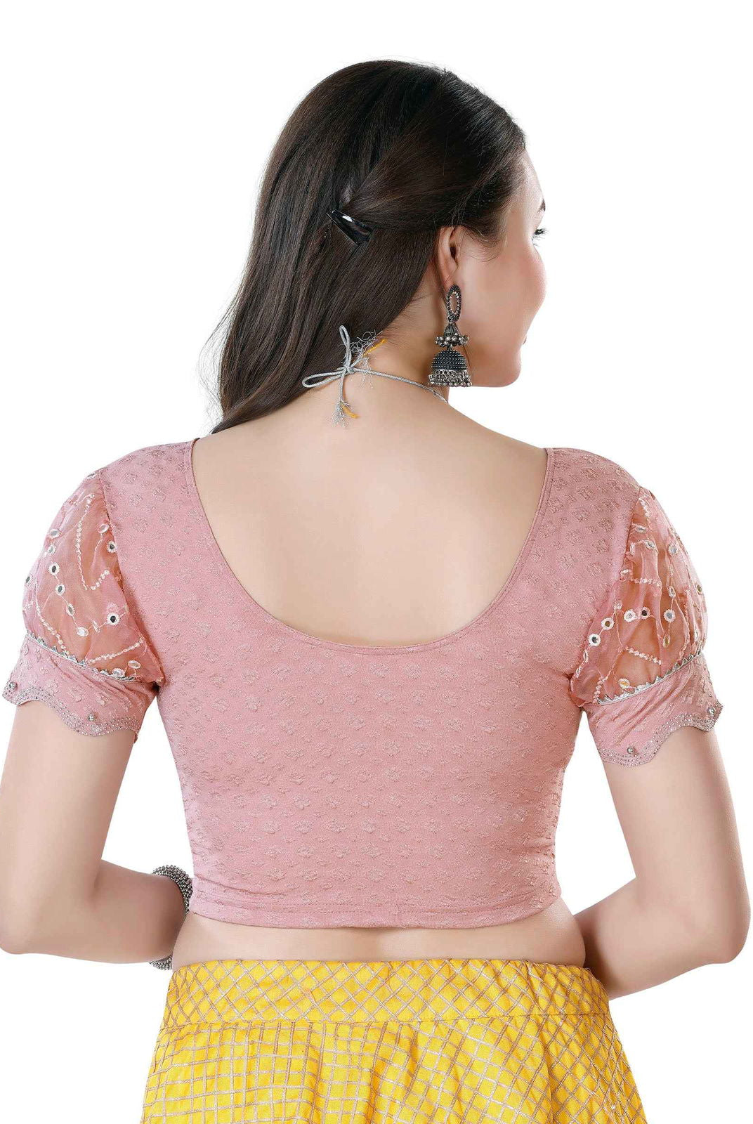 Finestfit Latest Fashion Readymade Blouses for Women - Round Neckline with Abala Organza Balloon Sleeves and Scallop Cut-out Hem Featuring Swarovski and Beads 36006 - FINESTFIT