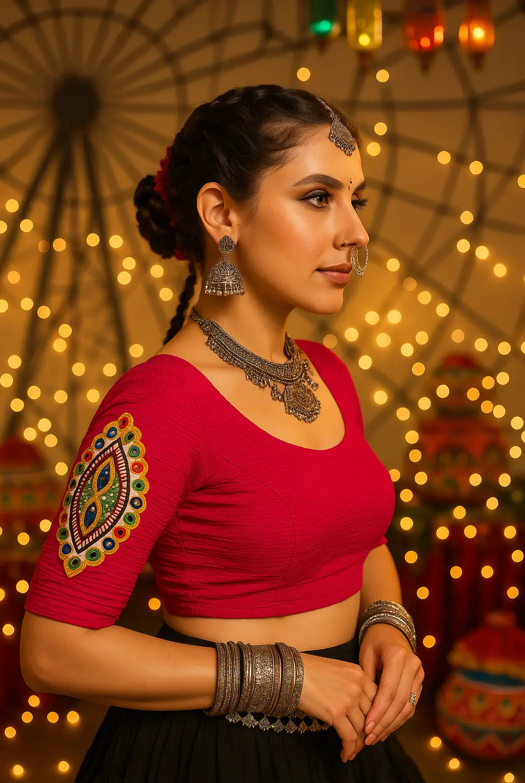 Finestfit Latest Fashion Readymade Blouses for Women with Round Neckline and Oval Shaped Scalloped Kutch Embroidered Applique on Elbow Sleeves.928 - FINESTFIT