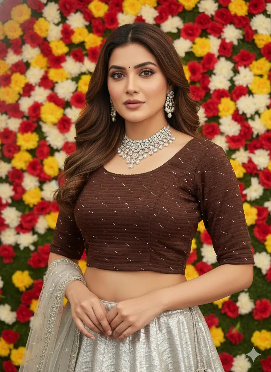 Stay On Trend: Latest Fashion Readymade Blouses for Women,Swarovski studded round neckline,elbow sleeves.332 FINESTFIT