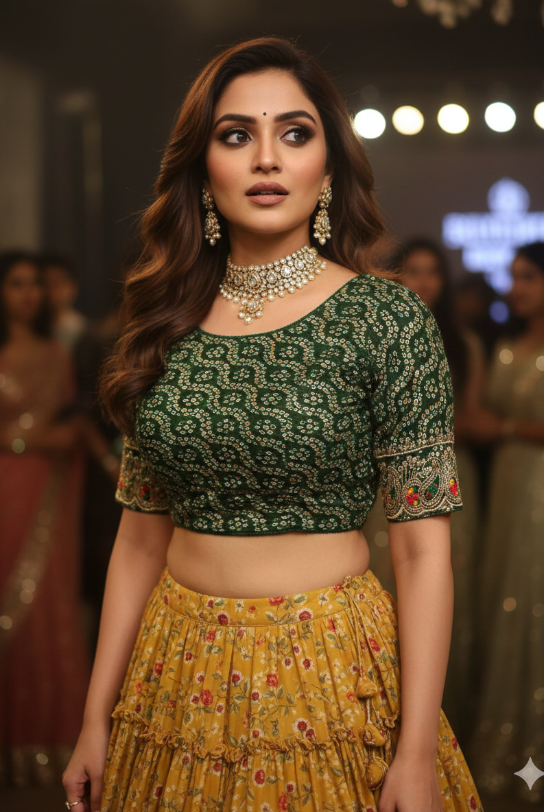 Stay On Trend: Latest Fashion Readymade Blouses for Women,round neckline,embroidered border detail on elbow sleeves.34057 - FINESTFIT