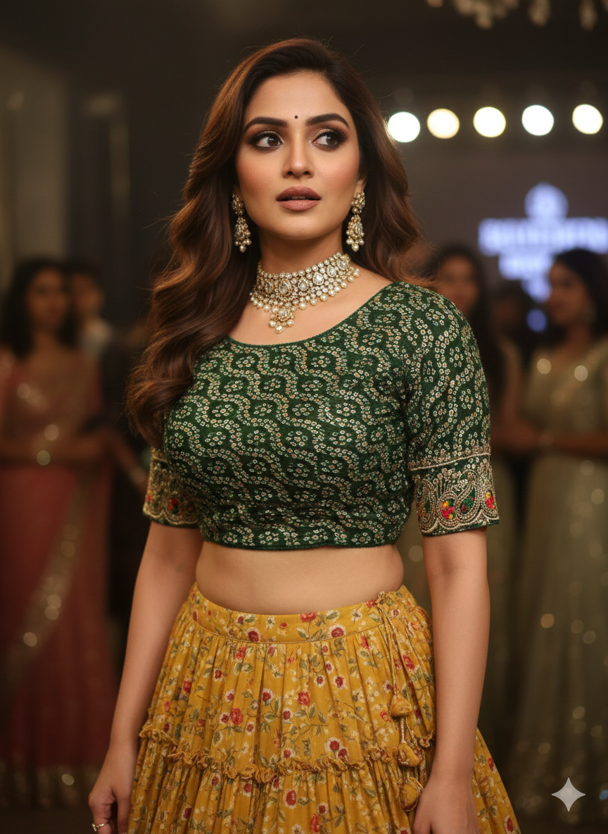 Stay On Trend: Latest Fashion Readymade Blouses for Women,round neckline,embroidered border detail on elbow sleeves.34057 - FINESTFIT