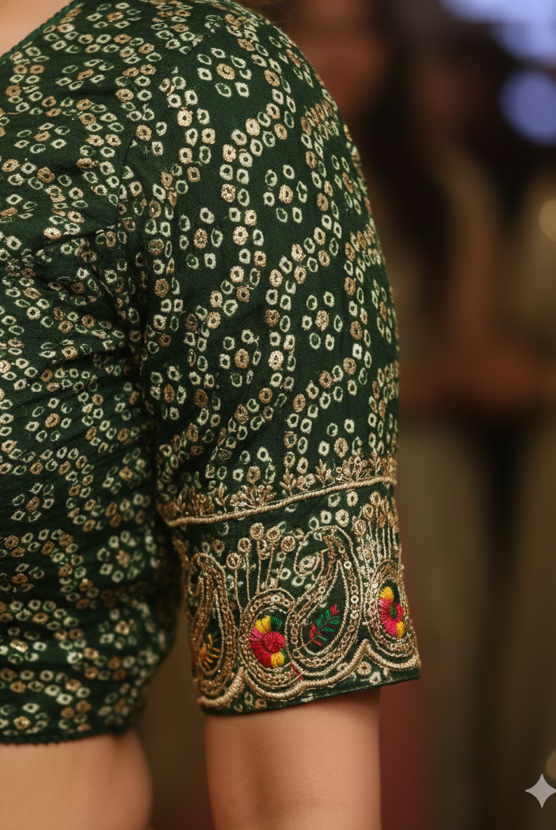 Stay On Trend: Latest Fashion Readymade Blouses for Women,round neckline,embroidered border detail on elbow sleeves.34057 - FINESTFIT