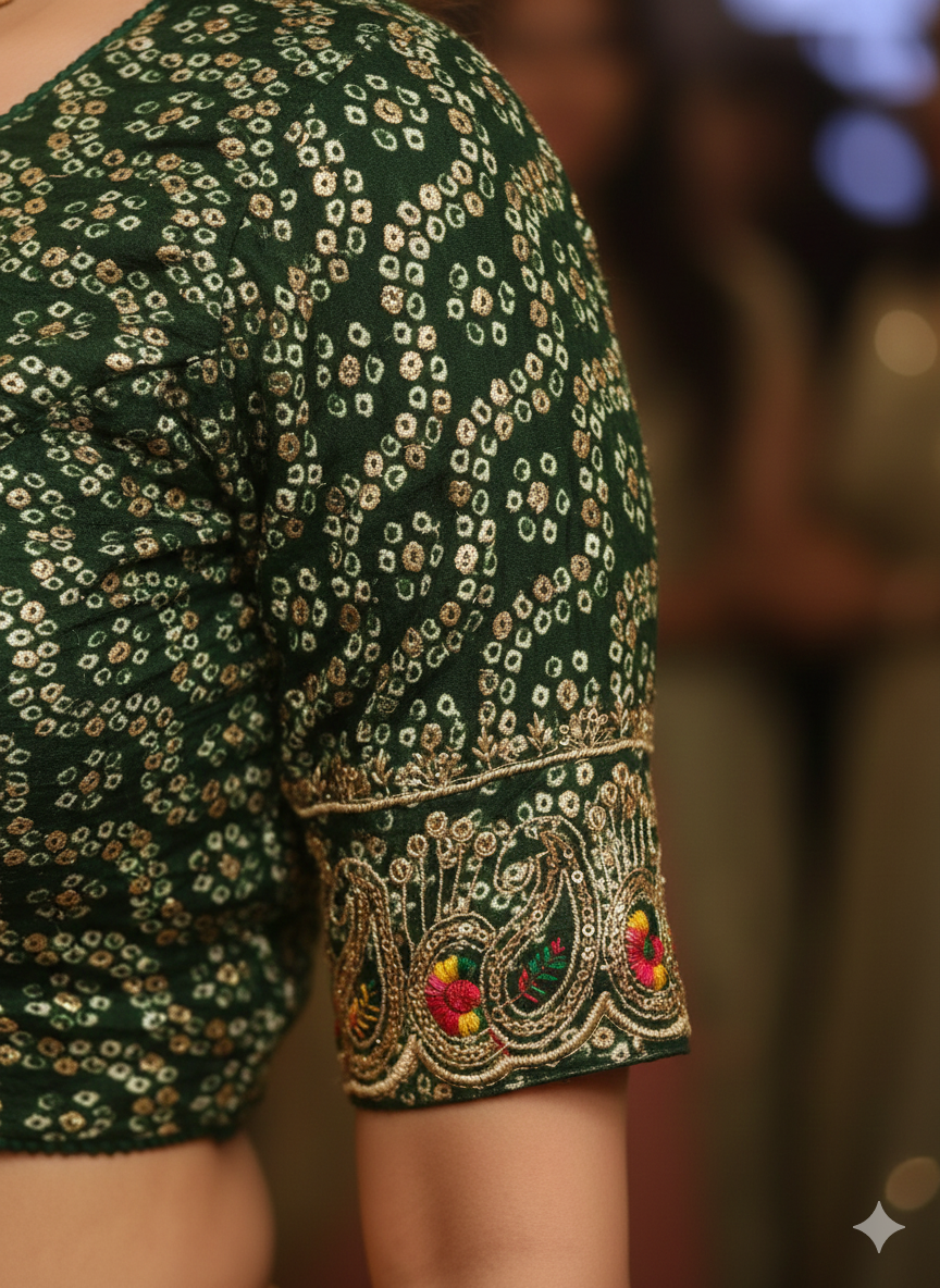 Stay On Trend: Latest Fashion Readymade Blouses for Women,round neckline,embroidered border detail on elbow sleeves.34057 - FINESTFIT