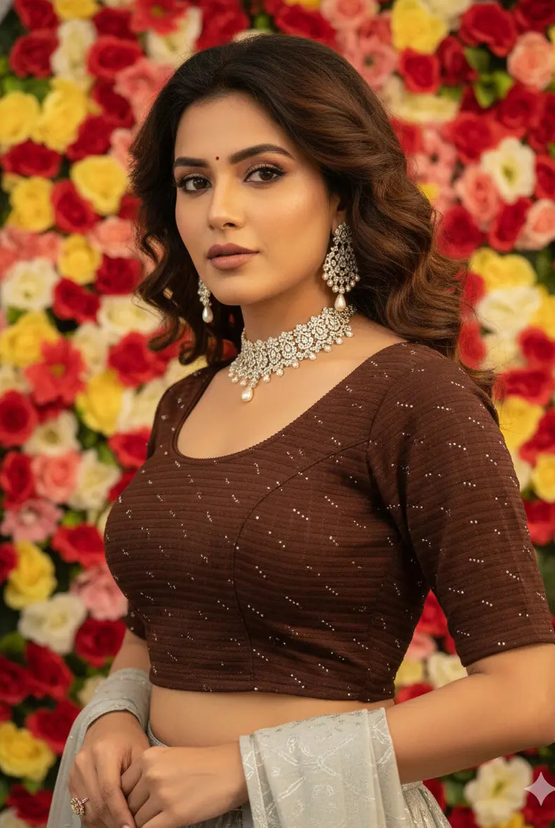 Stay On Trend: Latest Fashion Readymade Blouses for Women,Swarovski studded round neckline,elbow sleeves.332 FINESTFIT