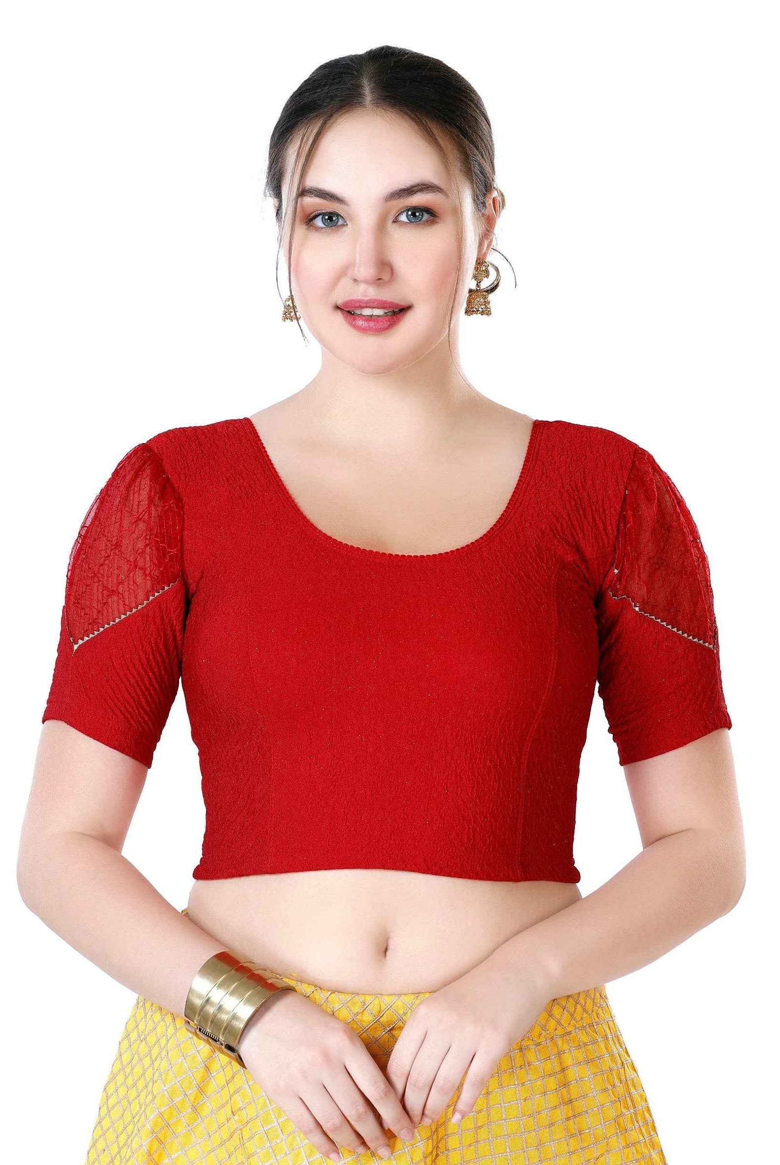 Stay On Trend: Latest Fashion Readymade Blouses for Women,round neckline,puff sleeves with lace detail.32031