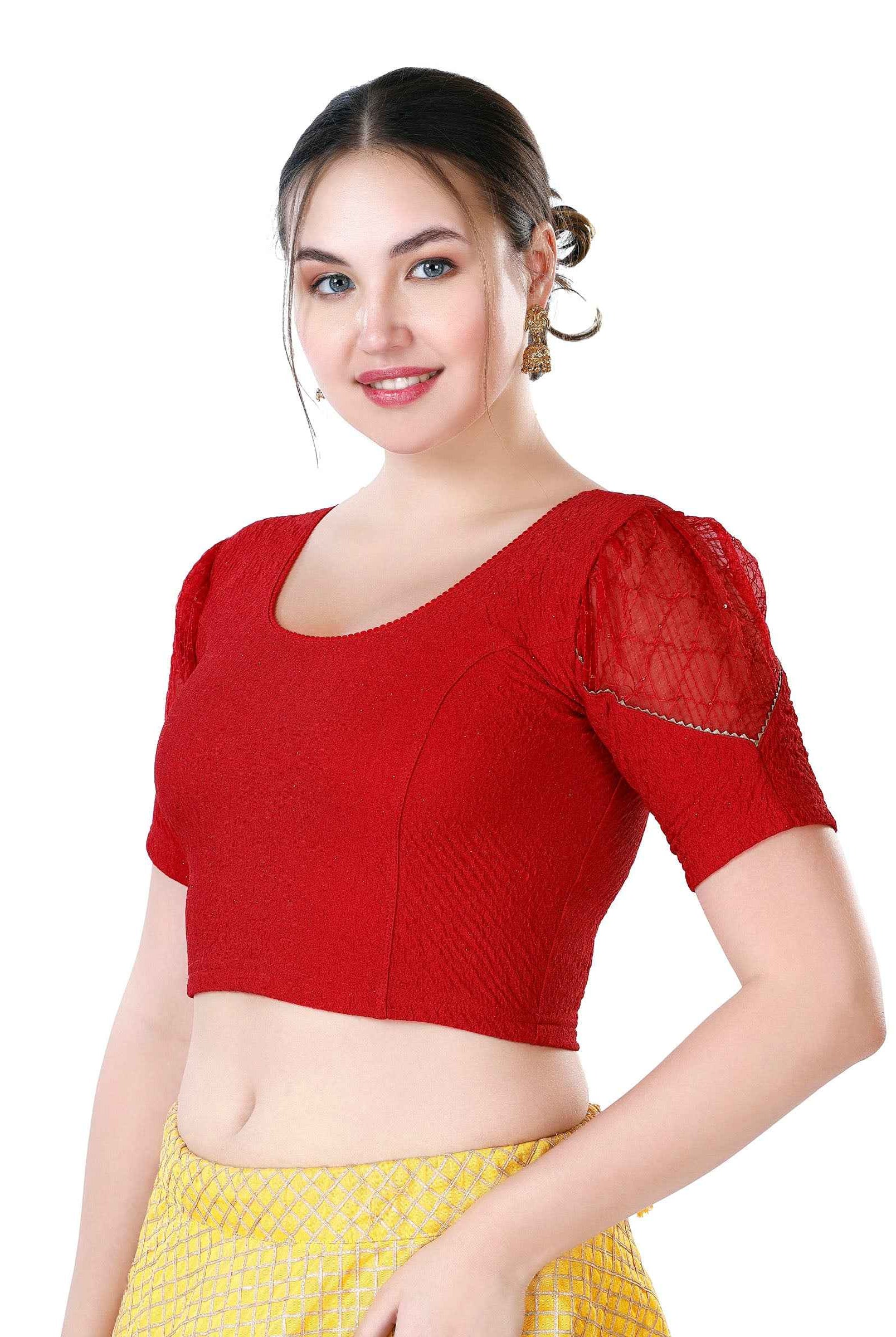 Stay On Trend: Latest Fashion Readymade Blouses for Women,round neckline,puff sleeves with lace detail.32031
