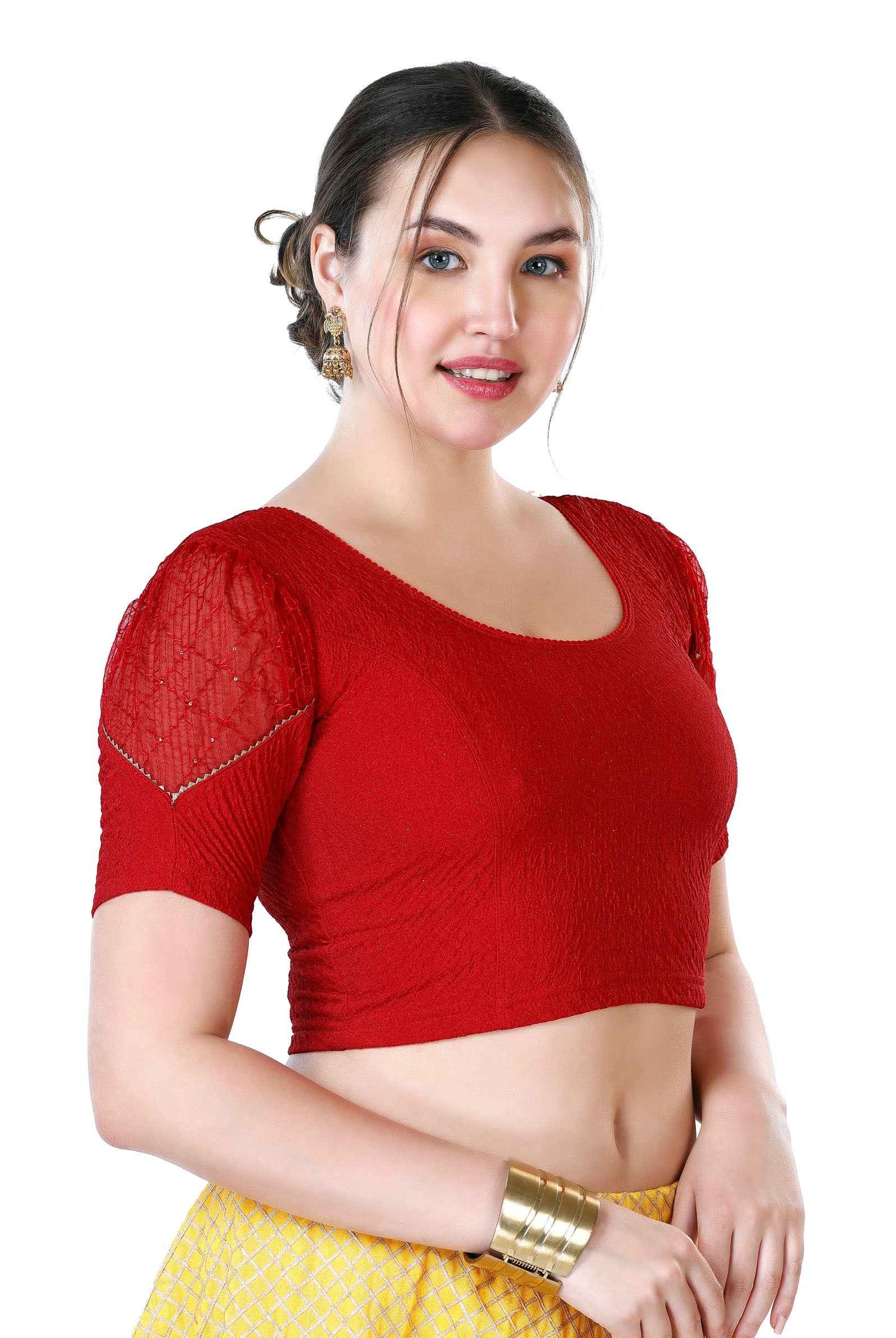 Stay On Trend: Latest Fashion Readymade Blouses for Women,round neckline,puff sleeves with lace detail.32031