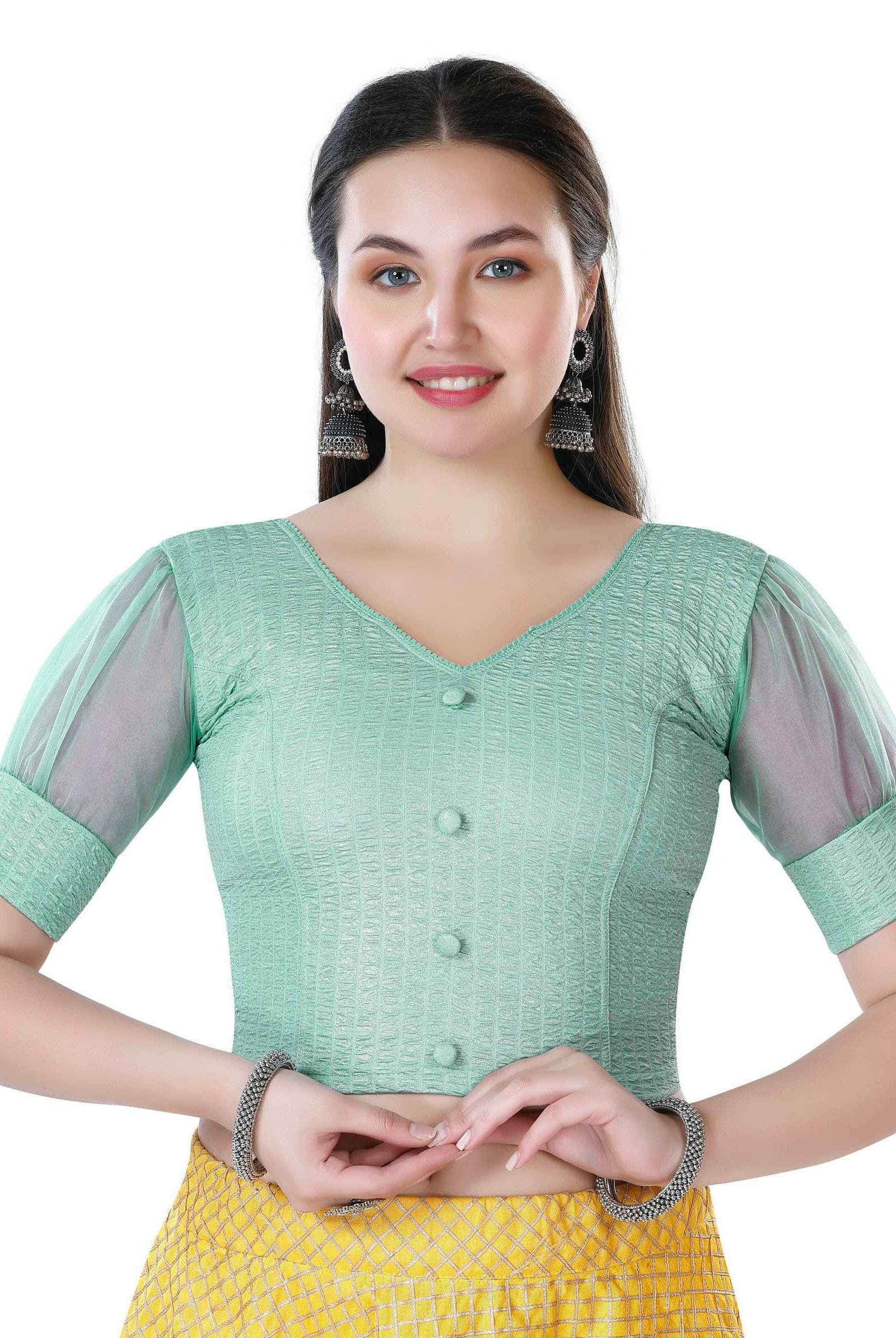 Stay On Trend: Latest Fashion Readymade Blouses for Women,V neckline ,organza balloon sleeves with fabric cuff and hand-made fabric buttons on center for an oomph effect.40050