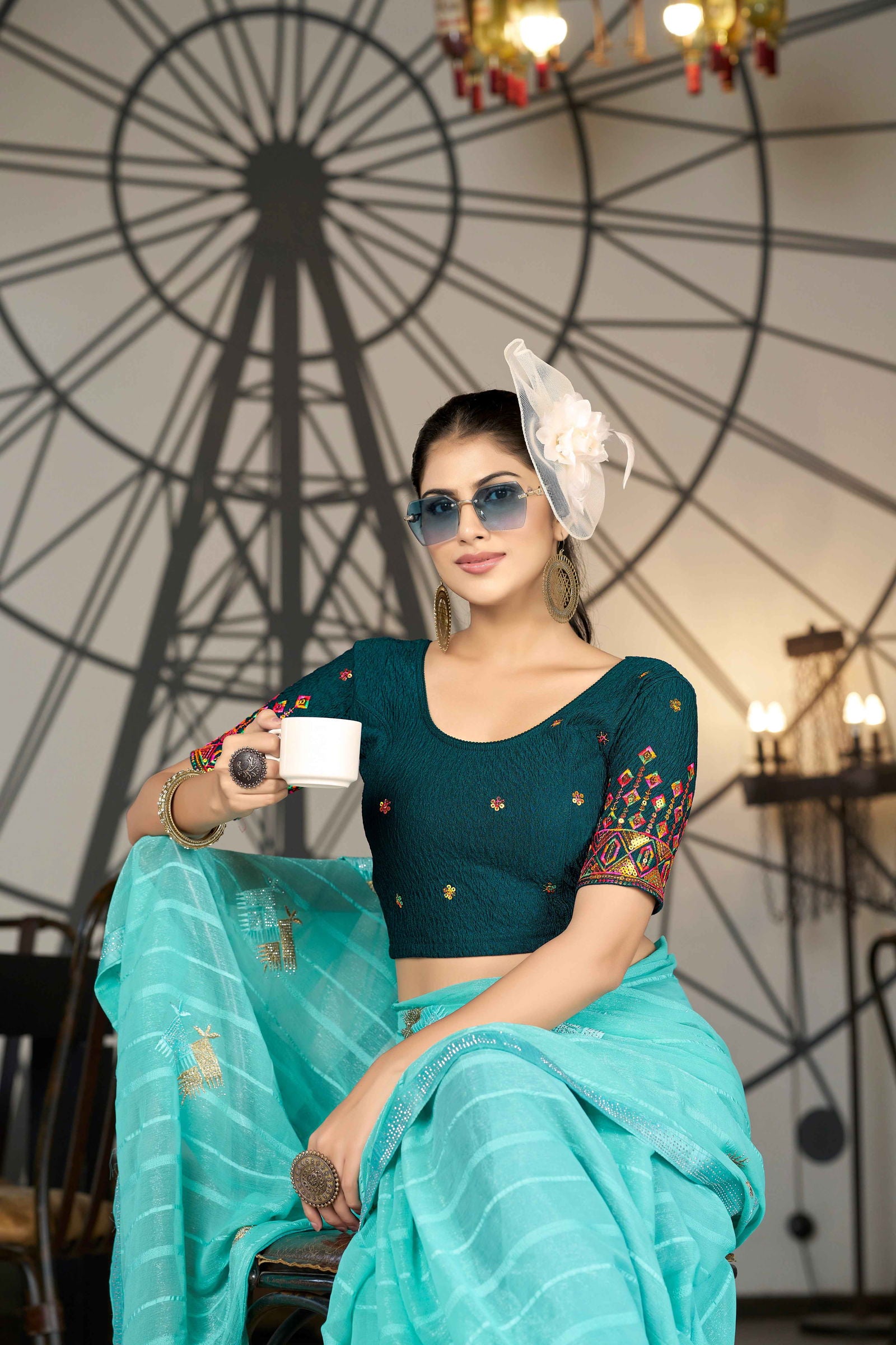 Latest Fashion Readymade Blouses for Women - Round Neckline with Multi-Colour Embroidered Bordered Sleeves 34055 - FINESTFIT