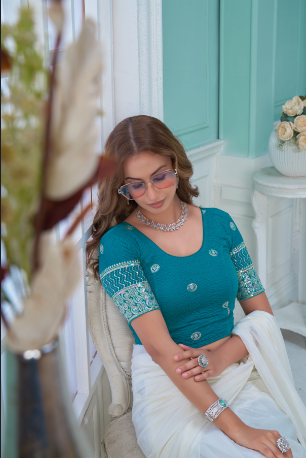 Stay On Trend: Latest Fashion Readymade Blouses for Women,round neckline,embroidered border detail on elbow sleeves.34057