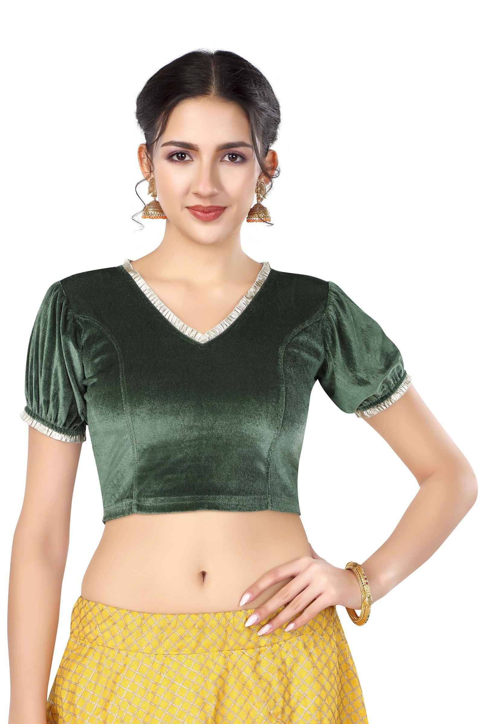 Stay On Trend with FinestFit Readymade Balloon Sleeves Blouse for Women - V Neckline with Pearl Ruffle Lace and Ruffle Hem