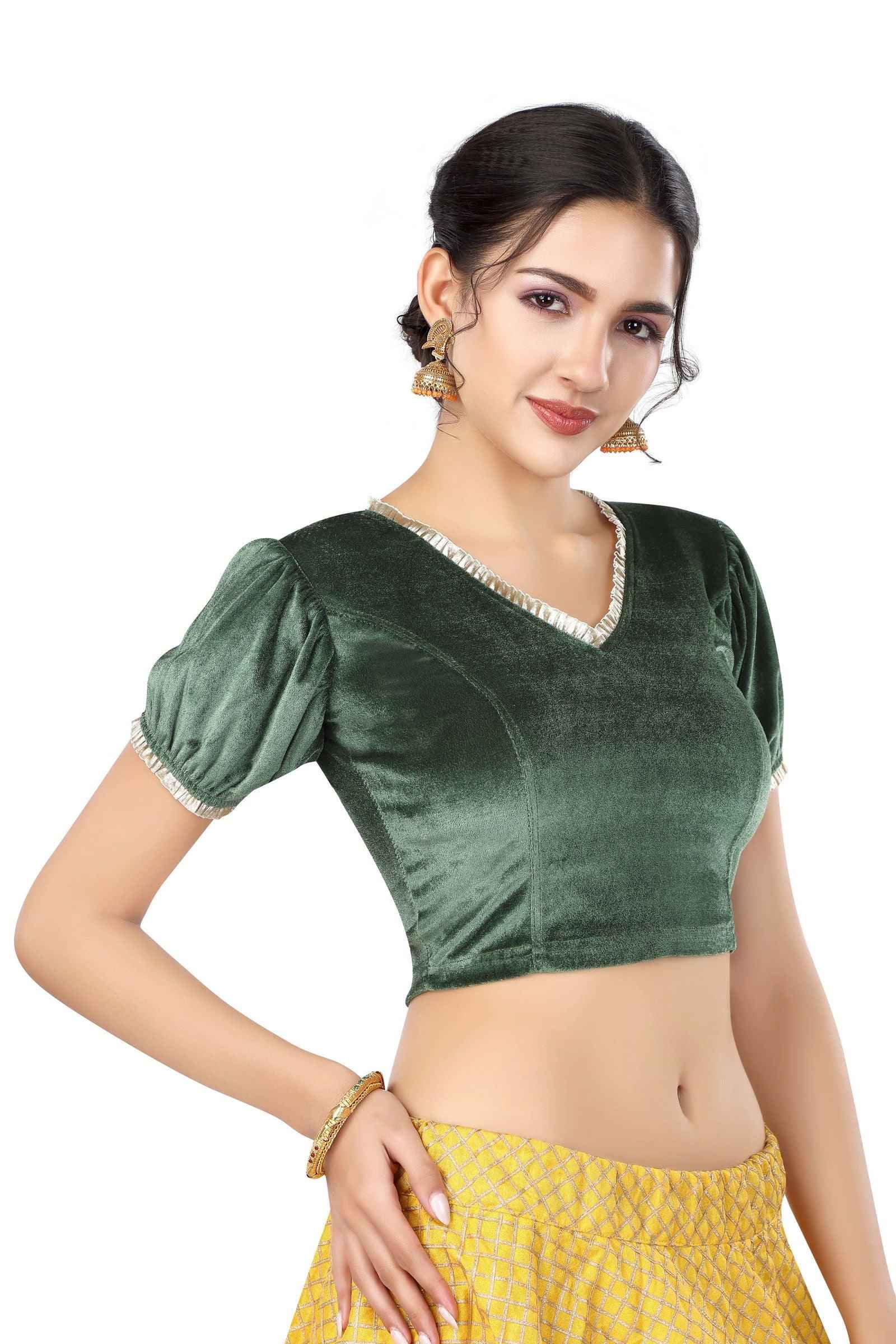 Stay On Trend with FinestFit Readymade Balloon Sleeves Blouse for Women - V Neckline with Pearl Ruffle Lace and Ruffle Hem