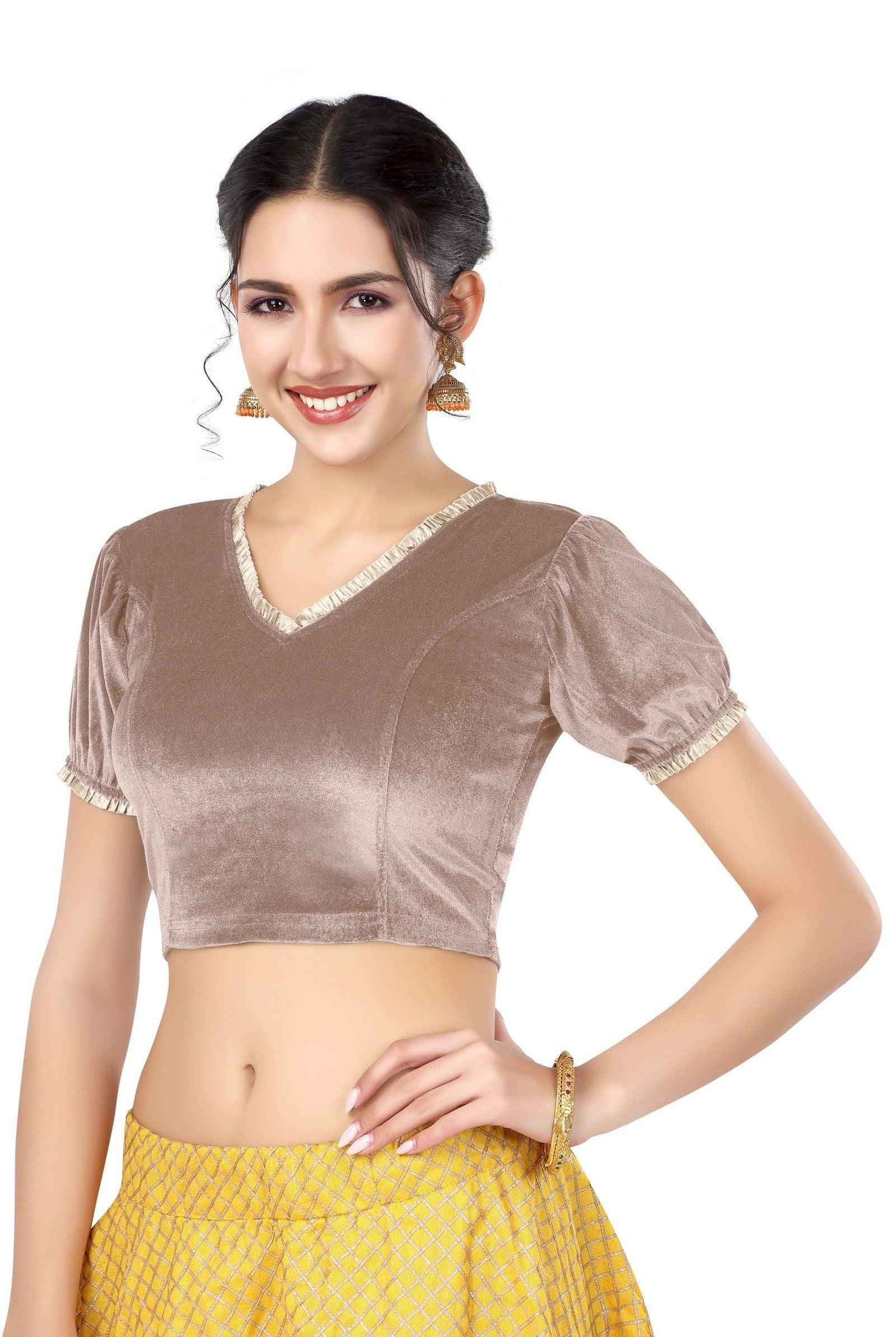 Stay On Trend with FinestFit Readymade Balloon Sleeves Blouse for Women - V Neckline with Pearl Ruffle Lace and Ruffle Hem