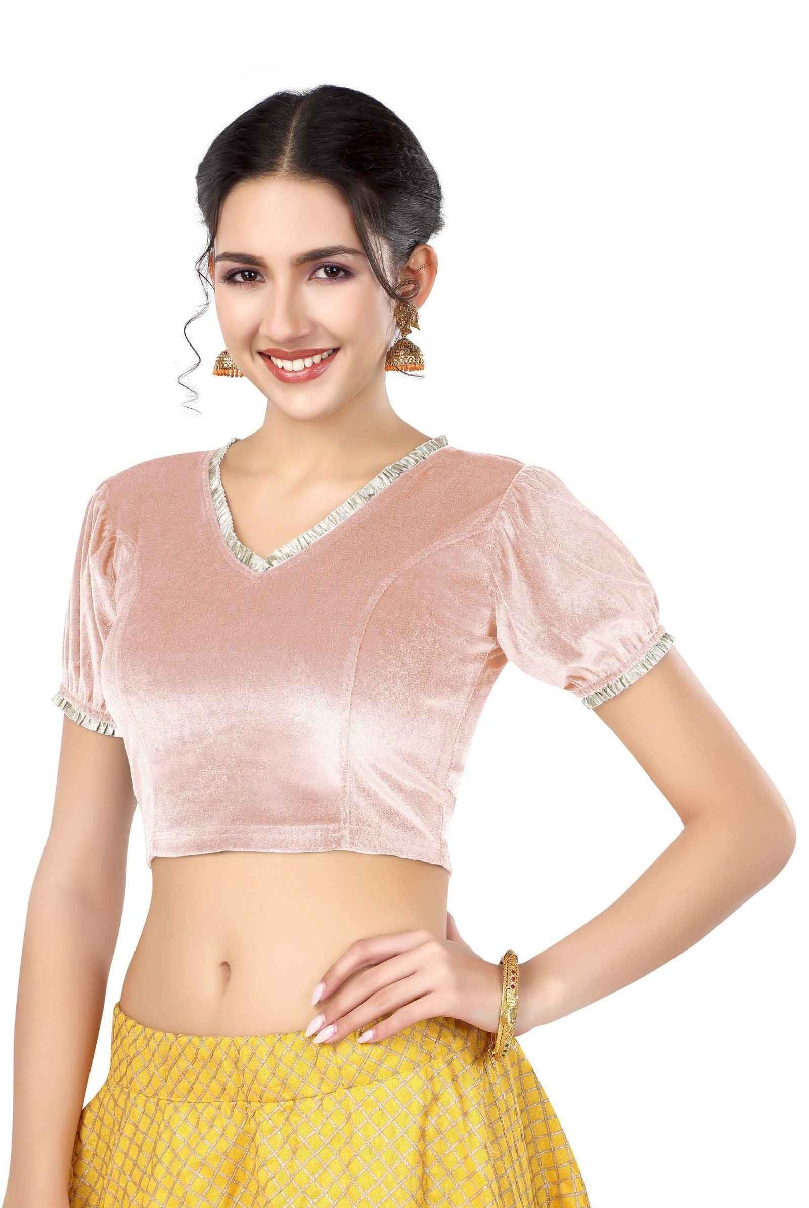 Stay On Trend with FinestFit Readymade Balloon Sleeves Blouse for Women - V Neckline with Pearl Ruffle Lace and Ruffle Hem